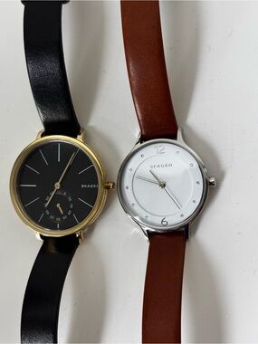 Skagen Brown Leather Anita & Skagen Hagen black leather watch (no batteries)